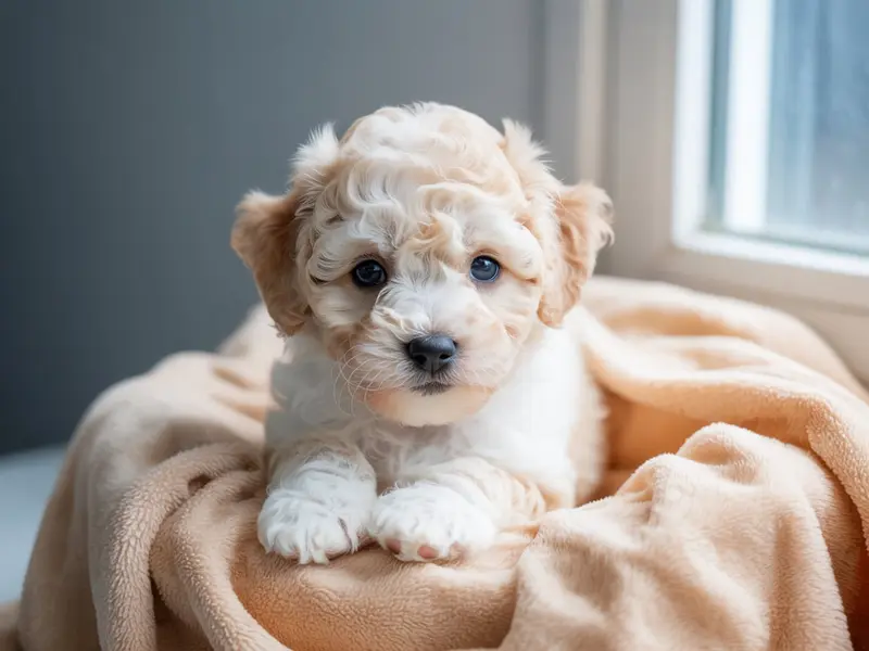 Mały szczeniak Bichon Frise siedzi w pluszowym legowisku dla szczeniąt.