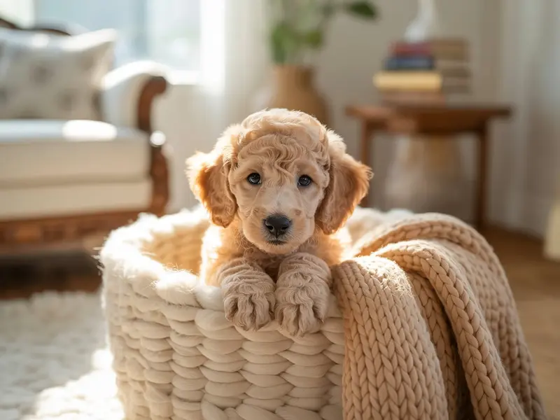 Słodki szczeniak Pudla Dużego siedzi w miękkim legowisku dla szczeniąt.