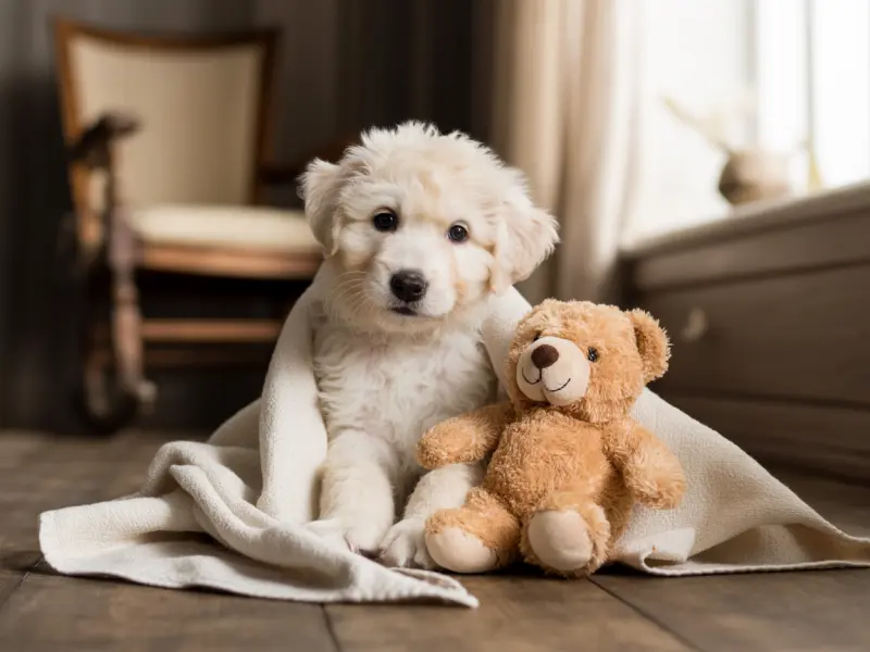 Słodki szczeniak rasy Polski Owczarek Podhalański siedzi w legowisku dla szczeniąt.
