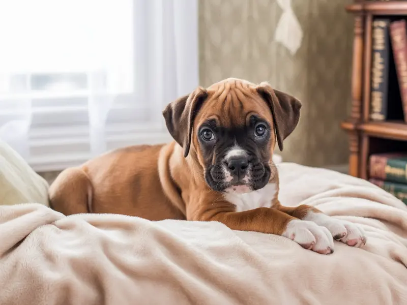 Szczeniak Boksera Niemieckiego siedzi w miękkiej, wygodnej legowisku dla szczeniąt.
