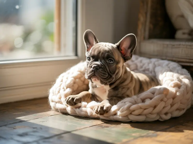 Szczeniak Buldoga Francuskiego siedzi w legowisku