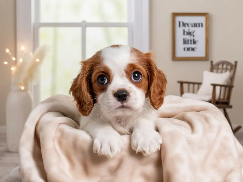 Szczeniak Cavalier King Charles Spaniel siedzi w legowisku dla szczeniąt.