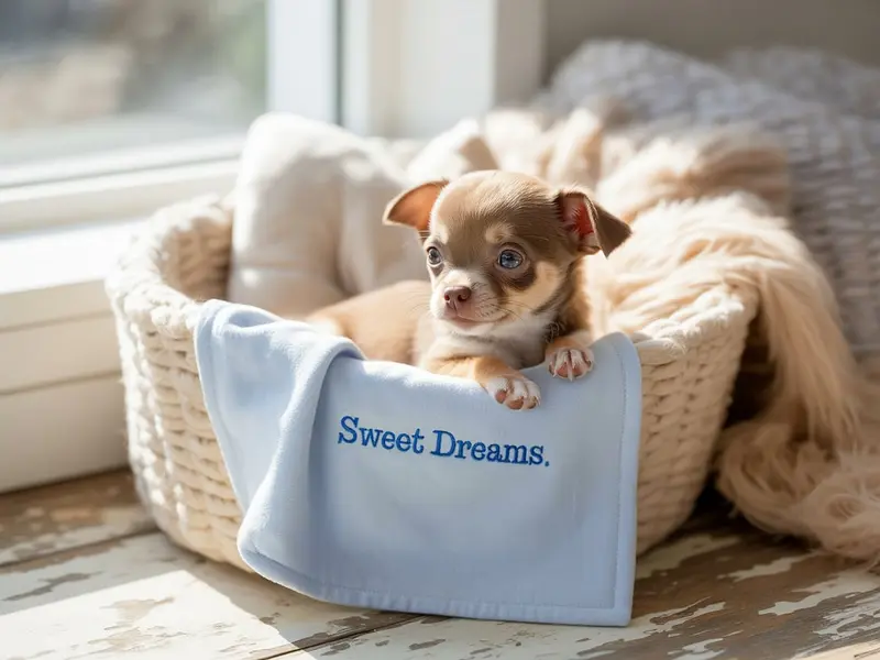 Szczeniak Chihuahua siedzi w legowisku dla szczeniąt.