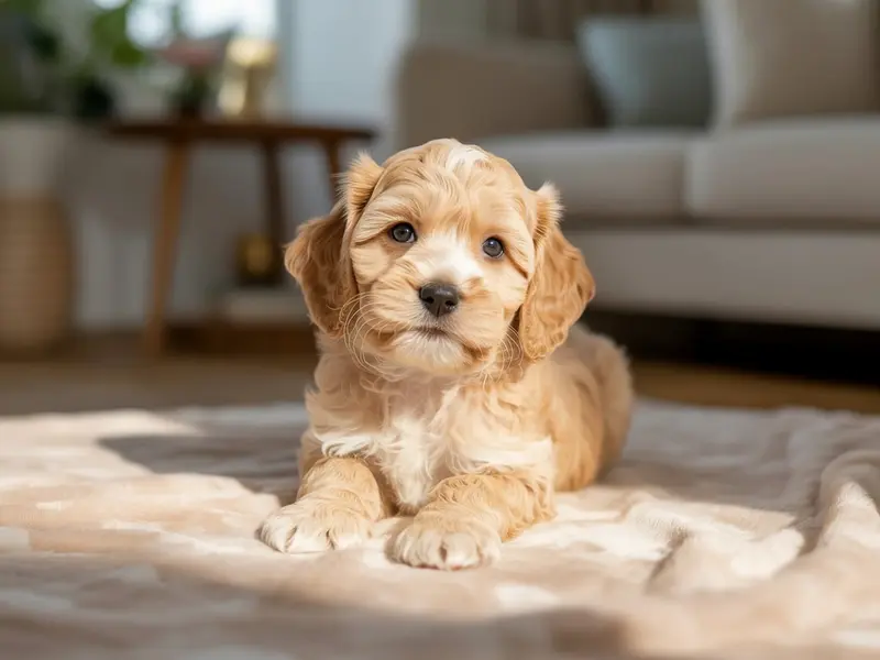 Szczeniak Cockapoo siedzący w legowisku.