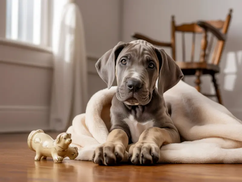 Szczeniak Dog niemiecki siedzi w legowisku dla szczeniąt.