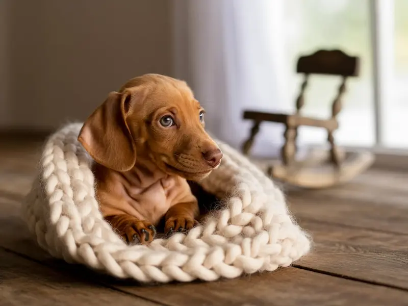 Szczeniak jamnika siedzi w legowisku.