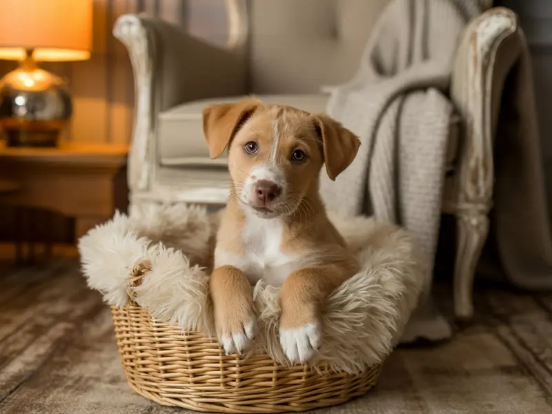 Szczeniak kundel siedzi w posłaniu dla szczeniąt, ma brązowe umaszczenie i patrzy z zaciekawieniem.