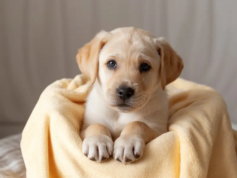 Szczeniak Labrador Retriever siedzi spokojnie w miękkim legowisku, otoczony przez rodzeństwo.