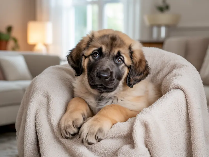 Szczeniak Leonberger siedzi w legowisku