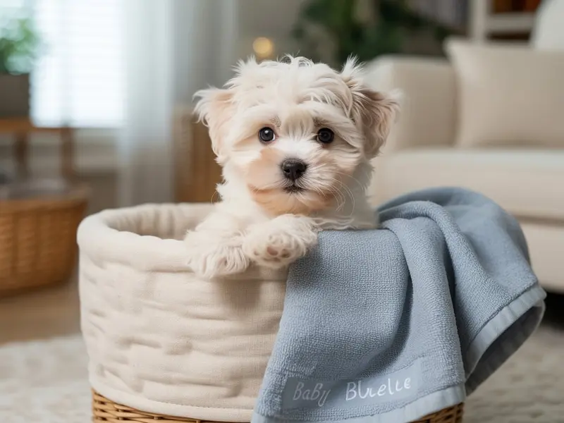 Szczeniak Maltańczyka siedzi w legowisku