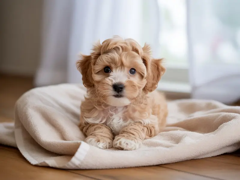 Szczeniak Maltipoo siedzi w legowisku dla szczeniąt