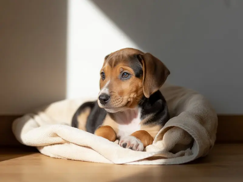 Szczeniak Ogar Polski siedzi w legowisku dla szczeniąt.