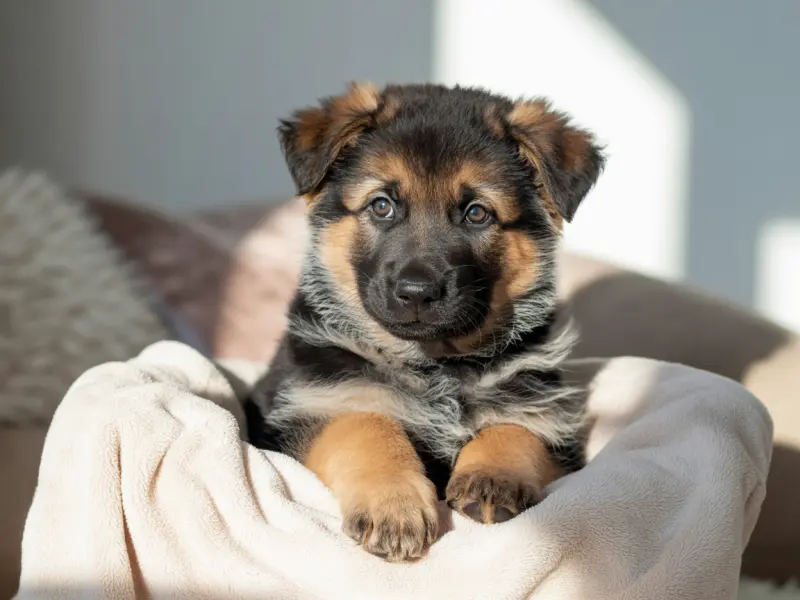 Szczeniak Owczarka Niemieckiego siedzący w legowisku dla szczeniąt.