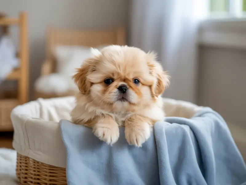 Szczeniak Pekińczyka siedzi w legowisku dla szczeniąt