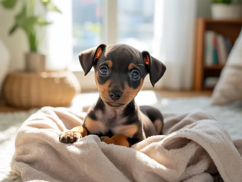 Szczeniak Pinczera Niemieckiego siedzi spokojnie w legowisku dla szczeniąt.