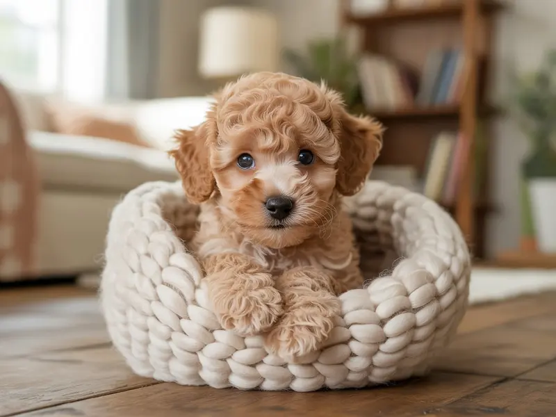 Szczeniak pudla małego siedzący w legowisku для szczeniąt.