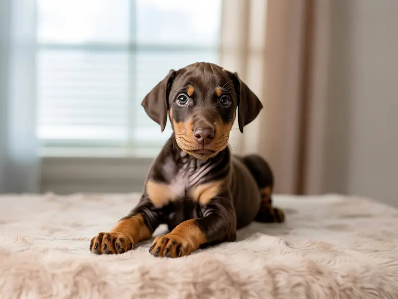 Szczeniak rasy Doberman siedzi w legowisku dla szczeniąt.