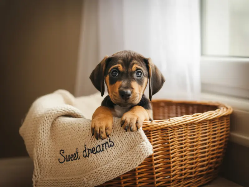 Szczeniak rasy Polski Gończy Pies siedzi w legowisku dla szczeniąt.