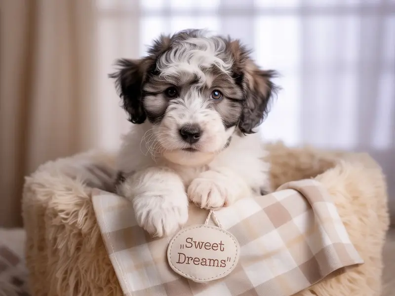 Szczeniak rasy Polski Owczarek Nizinny siedzi w legowisku dla szczeniąt.