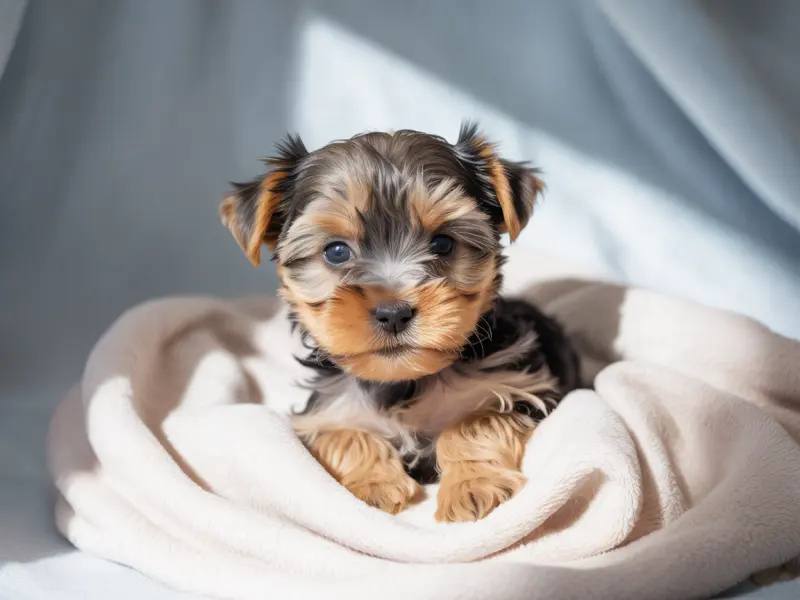 Szczeniak rasy Yorkshire Terrier siedzący w legowisku dla szczeniąt.