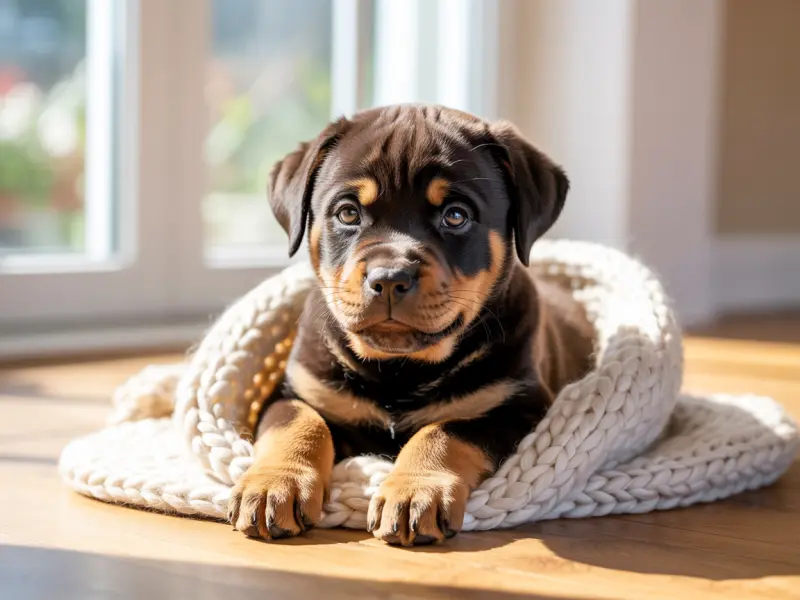 Szczeniak Rottweilera siedzi w legowisku dla szczeniąt.