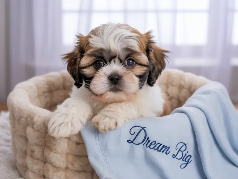 Szczeniak Shih Tzu siedzi w legowisku dla szczeniąt.