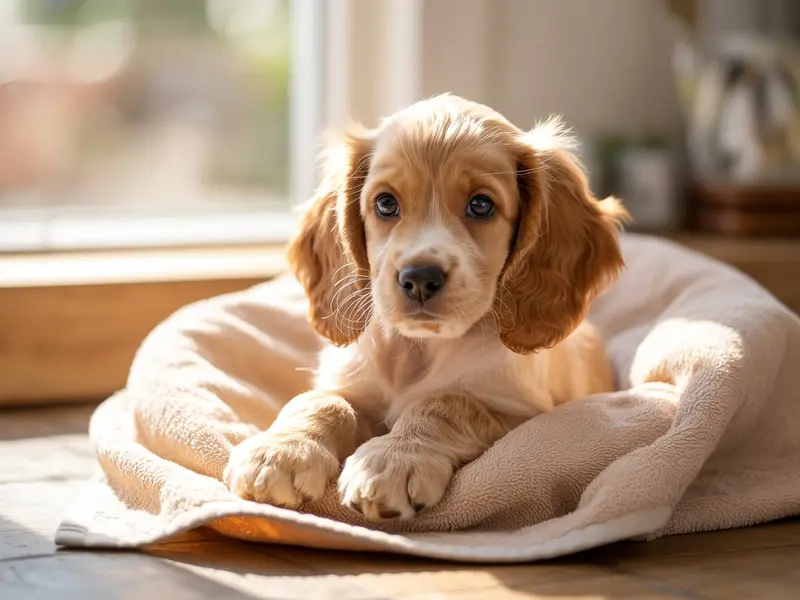 Szczeniak Spaniela siedzący w legowisku dla szczeniąt