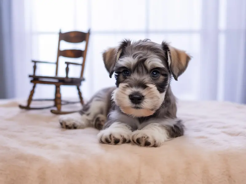 Szczeniak Sznaucera miniaturowego odpoczywa w legowisku.