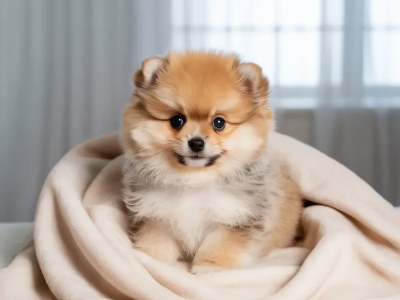 Szczeniak Szpica Niemieckiego w legowisku – uroczy mały piesek siedzi w miękkiej, pluszowej budce dla szczeniąt.