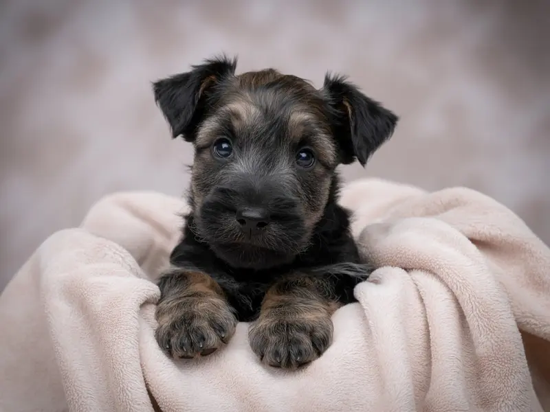 Szczeniak Teriera szkockiego siedzi w legowisku dla szczeniąt.