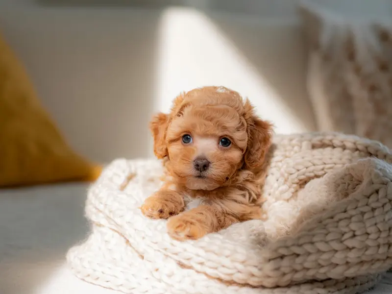 Szczeniak Toy Pudel siedzący w legowisku dla szczeniąt.