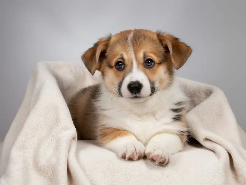 Szczeniak Welsh Corgi Pembroke siedzący w legowisku