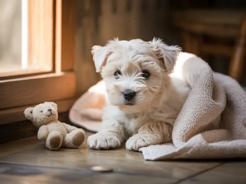 Szczeniak West Highland White Terrier siedzi w legowisku dla szczeniąt.