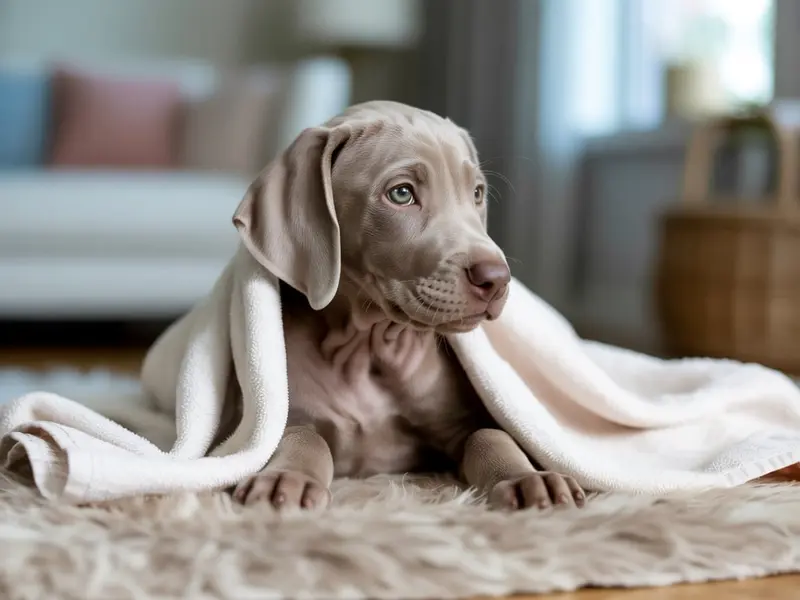 Szczeniak Wyżła Weimarskiego siedzi w legowisku dla szczeniąt.