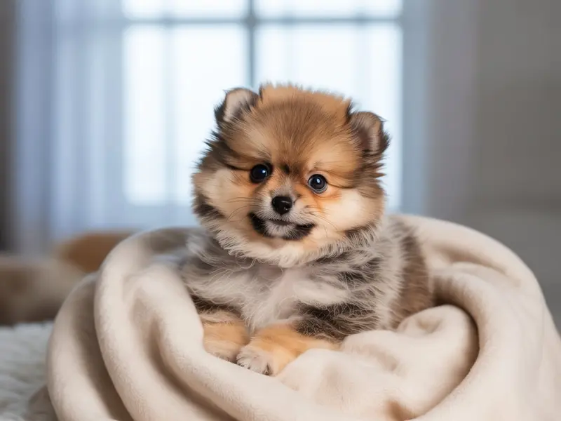 Uroczy szczeniak Szpica Miniaturowego siedzi w miękkiej legowiance dla szczeniąt.